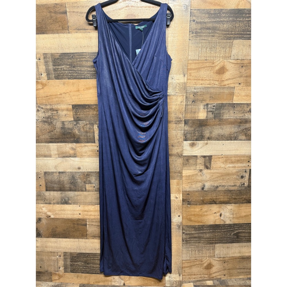 Lauren Ralph Lauren Navy Metallic Ruched Surplice Gown Dress 18 253715789002